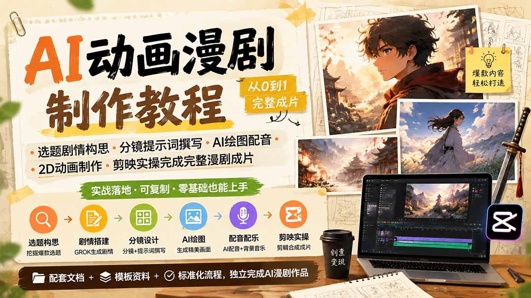 AI动画漫剧制作教程|选题剧情构思·分镜提示词撰写·AI绘图配音·2D动画制作·剪映实操完成完整漫剧成片-御文网
