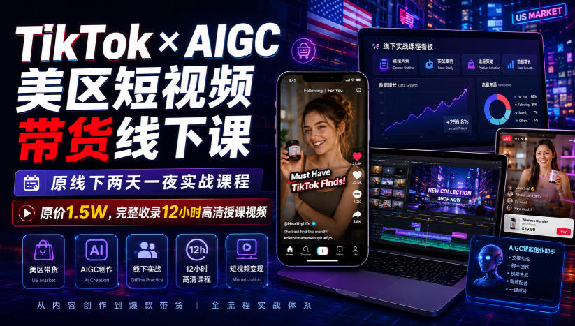 TikTok×AIGC美区短视频带货线下课，原线下两天一夜实战课程，原价1.5W，完整收录12小时高清授课视频-御文网