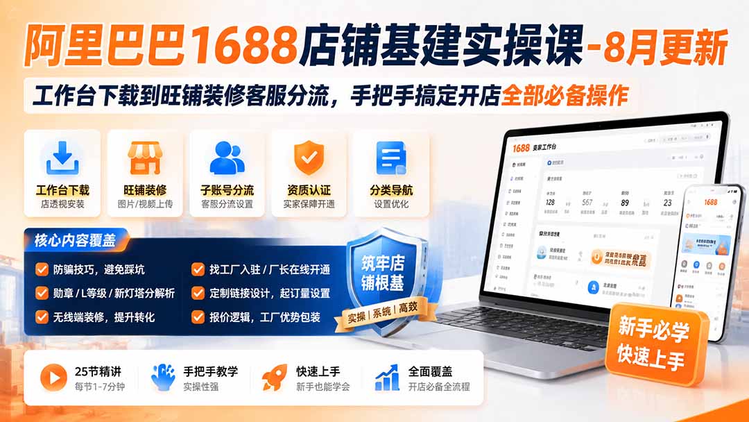 阿里巴巴1688店铺基建实操课-8月更新；工作台下载到旺铺装修客服分流，手把手搞定开店全部必备操作-御文网