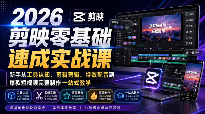 2026剪映零基础速成实战课｜新手从工具认知、剪辑剪辑、特效配音到爆款短视频完整制作一站式教学-御文网