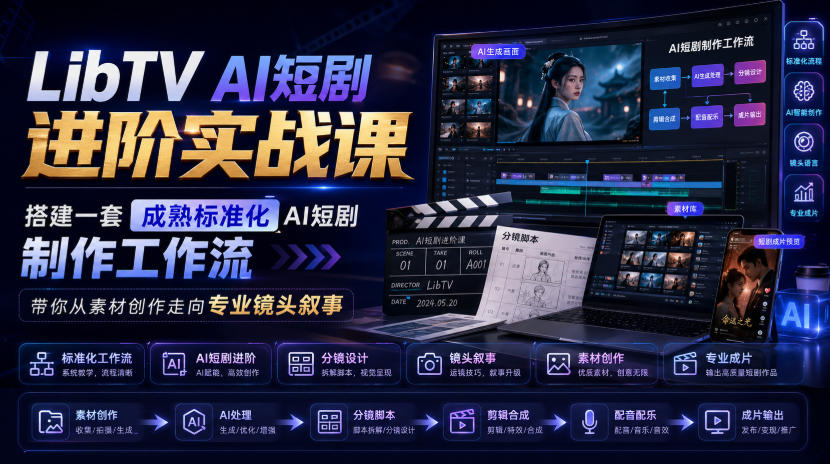 LibTV AI短剧进阶实战课，搭建一套成熟标准化AI短剧制作工作流，带你从素材创作走向专业镜头叙事-御文网