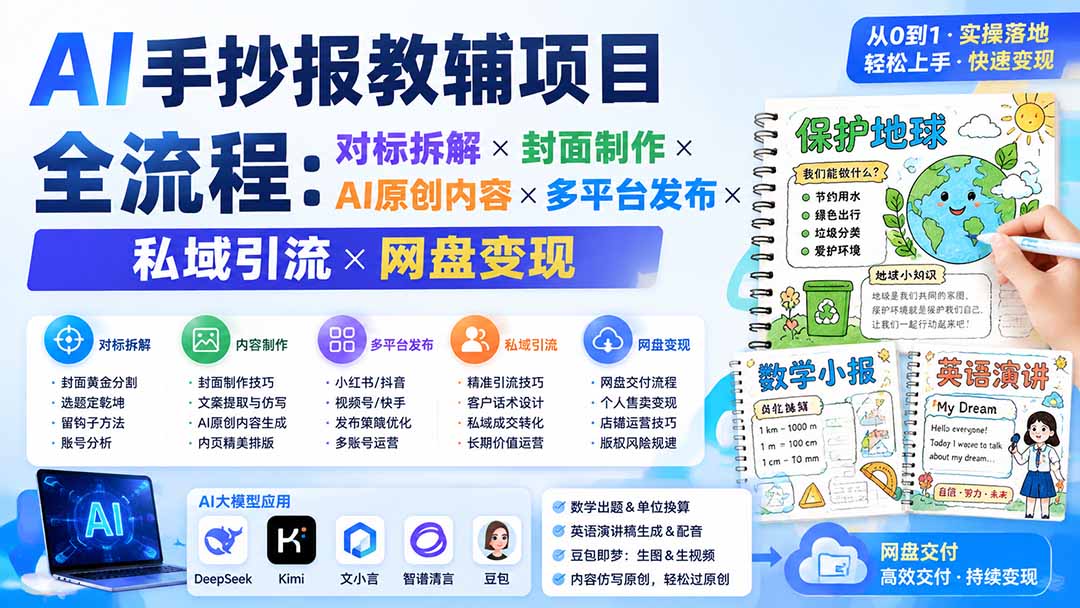 AI手抄报教辅项目全流程：对标拆解×封面制作×AI原创内容×多平台发布×私域引流×网盘变现-御文网