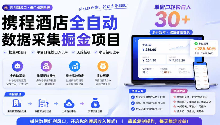 携程酒店采集挂G项目，批量可矩阵，单机轻松日入300+，开启你的睡后收入模式!【揭秘】-御文网
