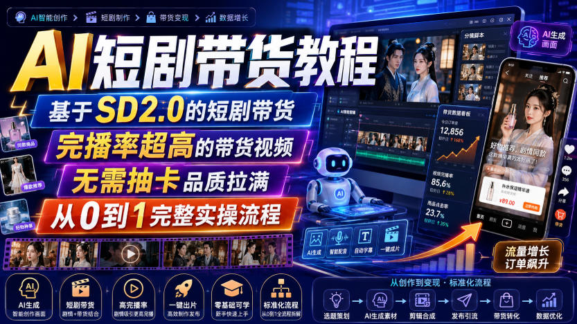 AI短剧带货教程，基于SD2.0的短剧带货，完播率超高的带货视频，无需抽卡品质拉满，从0到1完整实操流程-御文网