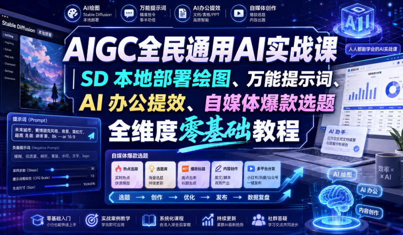 AIGC全民通用AI实战课|SD本地部署绘图、万能提示词、AI办公提效、自媒体爆款选题全维度零基础教程-御文网