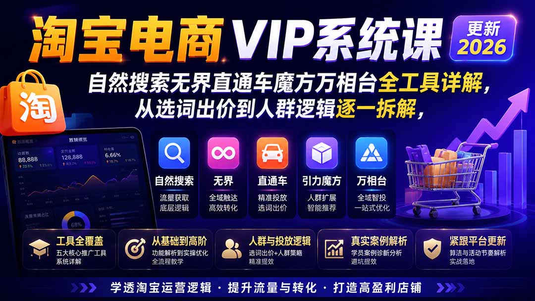 淘宝电商VIP系统课-更新8月;自然搜索无界直通车魔方万相台全工具详解,从选词出价到人群逻辑逐一拆解-御文网