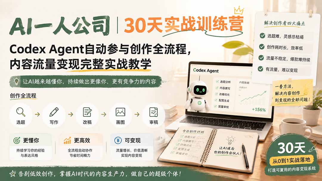 AI一人公司｜30天实战训练营；Codex Agent自动参与创作全流程，内容流量变现完整实战教学-御文网
