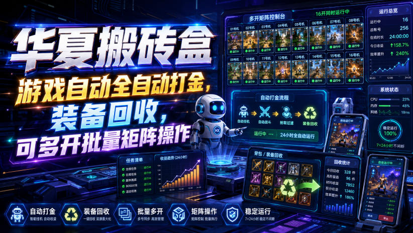 华夏搬砖盒，游戏自动全自动打金，装备回收，可多开批量矩阵操作-御文网