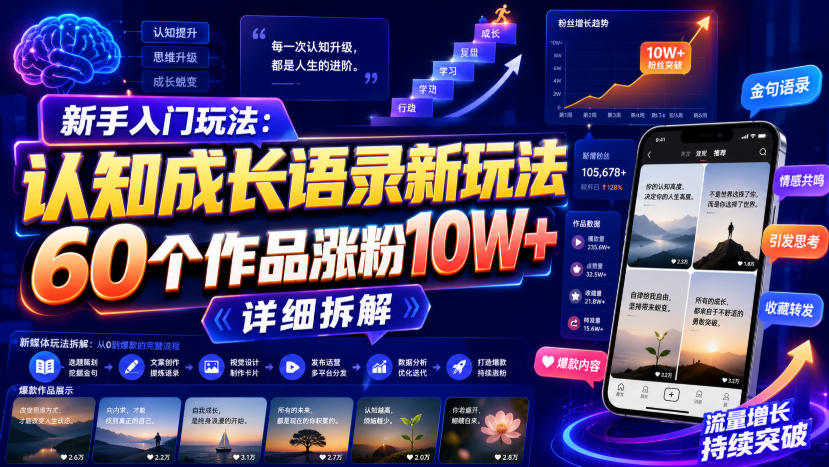 新手入门玩法：认知成长语录新玩法，60个作品涨粉10W+，详细拆解-御文网