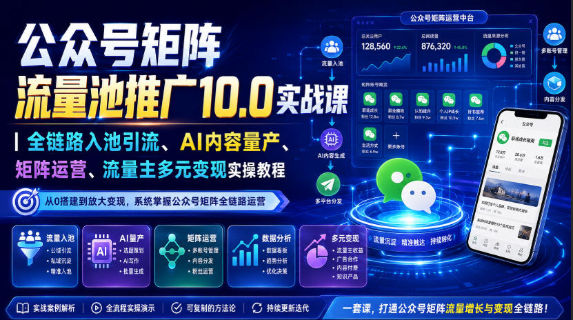 公众号矩阵流量池推广10.0实战课|全链路入池引流、AI内容量产、矩阵运营、流量主多元变现实操教程-御文网