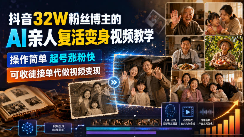 抖音32W粉丝博主的AI亲人复活变身视频教学，操作简单，起号涨粉快，可收徒接单代做视频变现-御文网