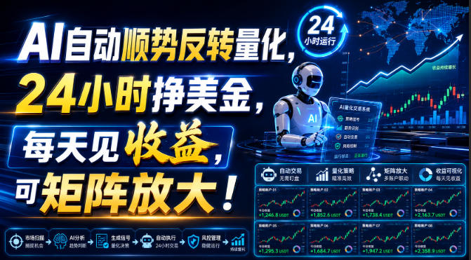 AI自动顺势反转量化，24小时挣美金，每天见收益，可矩阵放大！【揭秘】-御文网
