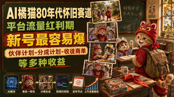 AI橘猫80年代怀旧赛道,平台流量红利期,新号最容易爆,伙伴计划-分成计划-收徒商单等多种收益-御文网