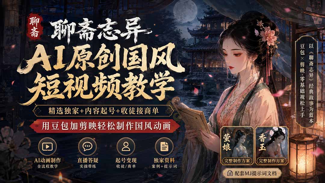 聊斋志异AI原创国风短视频教学;精选独家+内容起号+收徒接商单,用豆包加剪映轻松制作国风动画-御文网
