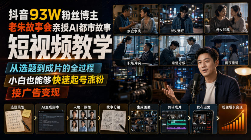 抖音93W粉丝博主老朱故事会亲授AI都市故事短视频教学,从选题到成片的全过程,小白也能够快速起号涨粉接广告变现-御文网