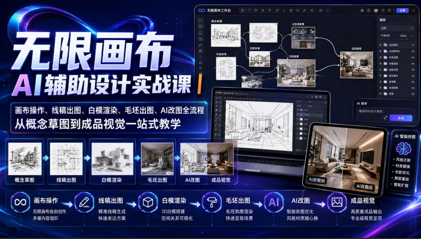 无限画布AI辅助设计实战课|画布操作、线稿出图、白模渲染、毛坯出图、AI改图全流程,从概念草图到成品视觉一站式教学-御文网