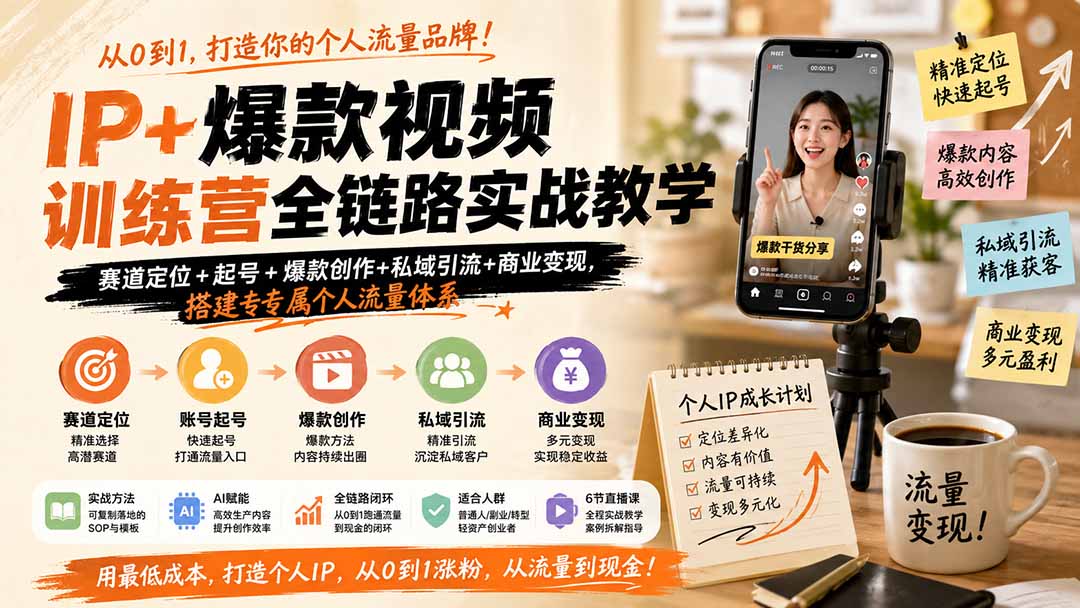 IP+爆款视频训练营全链路实战教学;赛道定位+起号+爆款创作+私域引流+商业变现,搭建专属个人流量体系-御文网