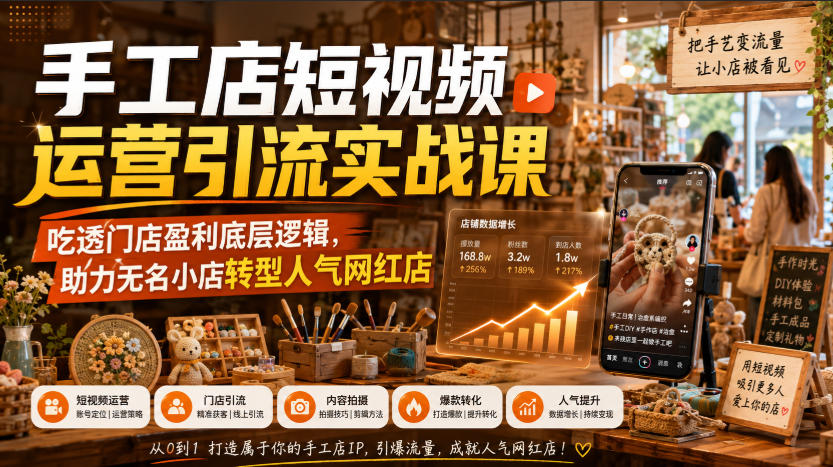 手工店短视频运营引流实战课,吃透门店盈利底层逻辑,助力无名小店转型人气网红店-御文网