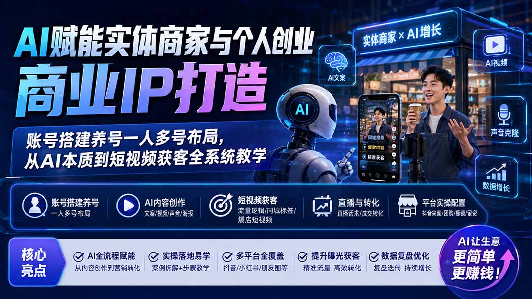 AI赋能实体商家与个人创业商业IP打造;账号搭建养号一人多号布局,从AI本质到短视频获客全系统教学-御文网