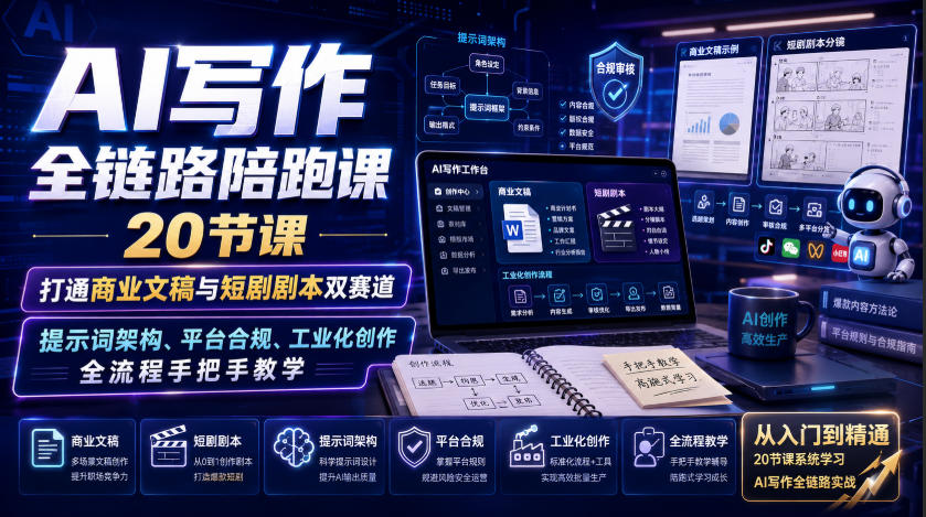 AI写作全链路陪跑课|20节课打通商业文稿与短剧剧本双赛道,提示词架构、平台合规、工业化创作全流程手把手教学-御文网