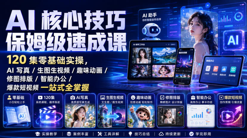 AI核心技巧保姆级速成课|120集零基础实操,AI写真/生图生视频/趣味动画/修图排版/智能办公/爆款短视频一站式全掌握-御文网