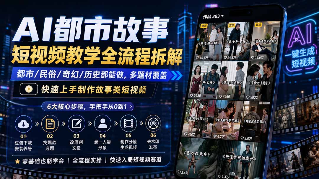 AI都市故事短视频教学全流程拆解;都市/民俗/奇幻/历史都能做多题材覆盖,快速上手制作故事类短视频-御文网