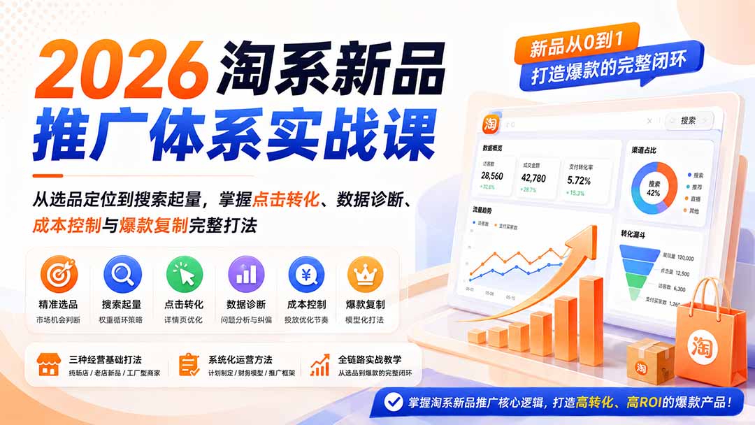 2026淘系新品推广体系实战课：从选品定位到搜索起量，掌握点击转化、数据诊断、成本控制与爆款复制完整打法-御文网