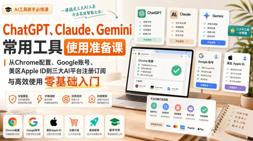 ChatGPT、Claude、Gemini常用工具使用准备课|从Chrome配置、Google账号、美区Apple ID到三大AI平台注册订阅与高效使用零基础入门-御文网
