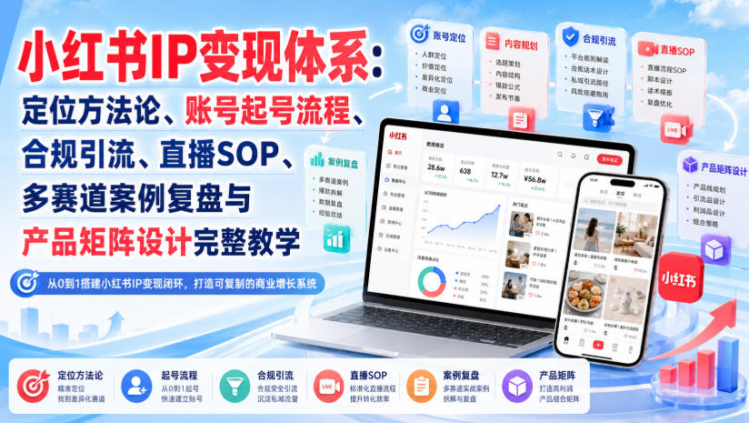 小红书IP变现体系:定位方法论、账号起号流程、合规引流、直播SOP、多赛道案例复盘与产品矩阵设计完整教学-御文网