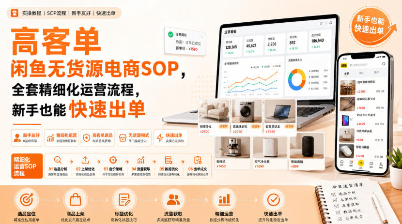 高客单闲鱼无货源电商SOP,全套精细化运营流程,新手也能快速出单-御文网
