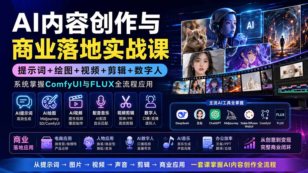 AI内容创作与商业落地实战课：提示词+绘图+视频+剪辑+数字人，系统掌握ComfyUI与FLUX全流程应用-御文网