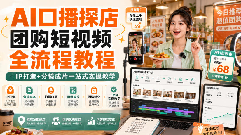 AI口播探店团购短视频全流程教程｜IP打造+分镜成片一站式实操教学-御文网