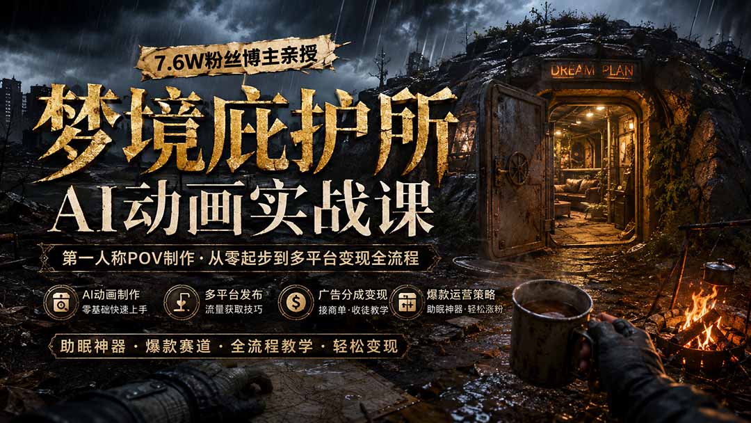 梦境庇护所AI动画实战课：7.6W粉丝博主亲授第一人称POV制作，从零起步到多平台发布变现全流程-御文网