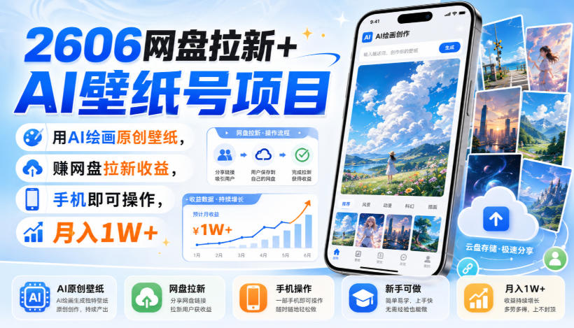 2606网盘拉新+AI壁纸号项目,用AI绘画原创壁纸,賺网盘拉新收益,手机即可操作,月入1W+-御文网