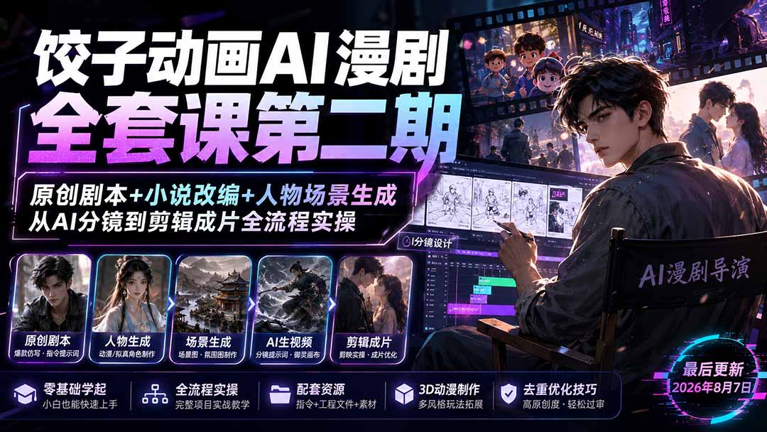 饺子动画AI漫剧全套课第二期：原创剧本+小说改编+人物场景生成，从AI分镜到剪辑成片全流程实操-御文网