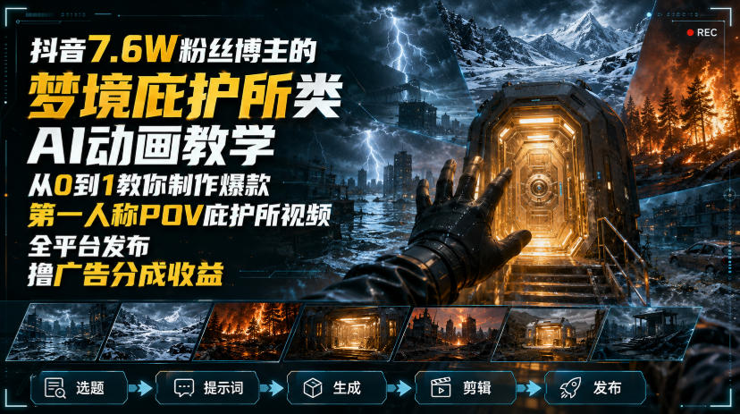 抖音7.6W粉丝博主的梦境庇护所类AI动画教学,从0到1教你制作爆款第一人称POV庇护所视频,全平台发布撸广告分成收益-御文网