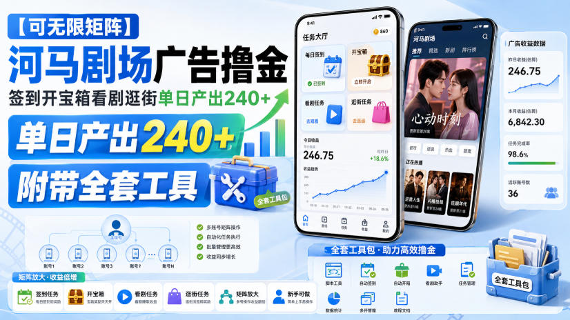 【可无限矩阵】河马剧场广告撸金，签到开宝箱看剧逛街单日产出240+，附带全套工具【揭秘】-御文网