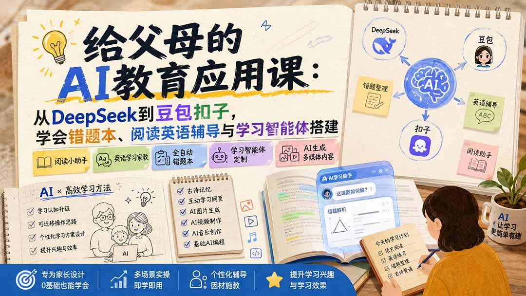 给父母的AI教育应用课：从DeepSeek到豆包扣子，学会错题本、阅读英语辅导与学习智能体搭建-御文网