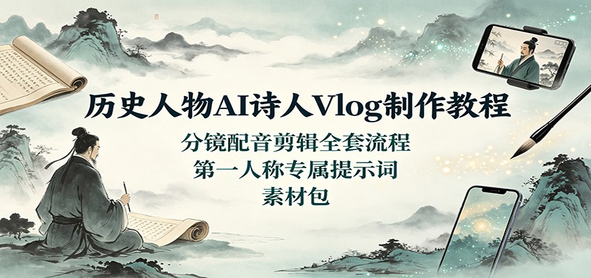 历史人物AI诗人Vlog制作教程:分镜配音剪辑全套流程,第一人称专属提示词素材包-御文网