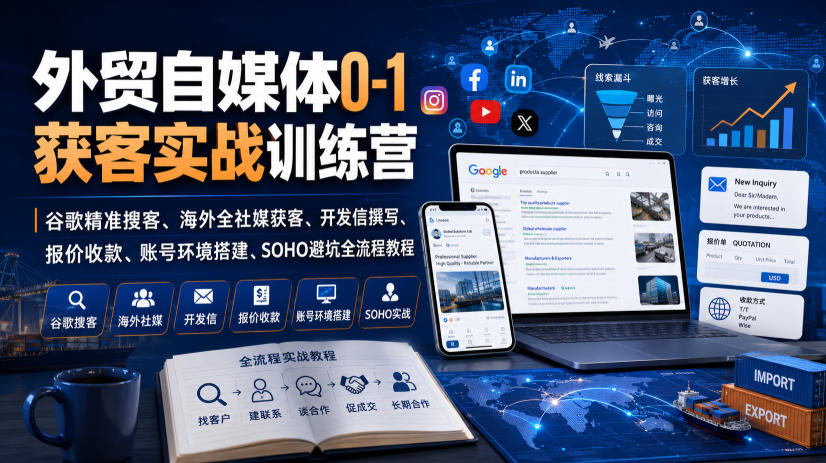 外贸自媒体0-1获客实战训练营|谷歌精准搜客、海外全社媒获客、开发信撰写、报价收款、账号环境搭建、SOHO避坑全流程教程(更新)-御文网