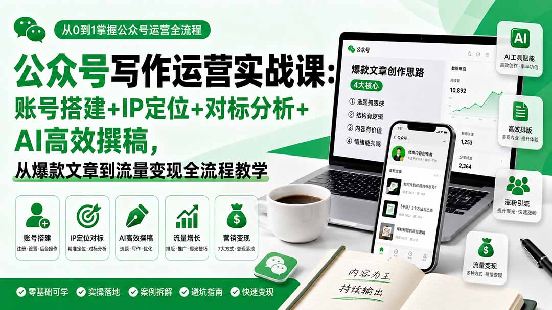 公众号写作运营实战课：账号搭建+IP定位+对标分析+AI高效撰稿，从爆款文章到流量变现全流程教学-御文网