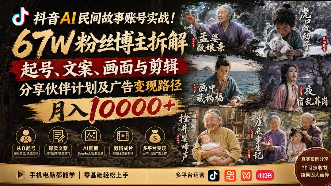抖音AI民间故事账号实战！67W粉丝博主拆解起号、文案、画面与剪辑，分享伙伴计划及广告变现路径，月入10000+-御文网