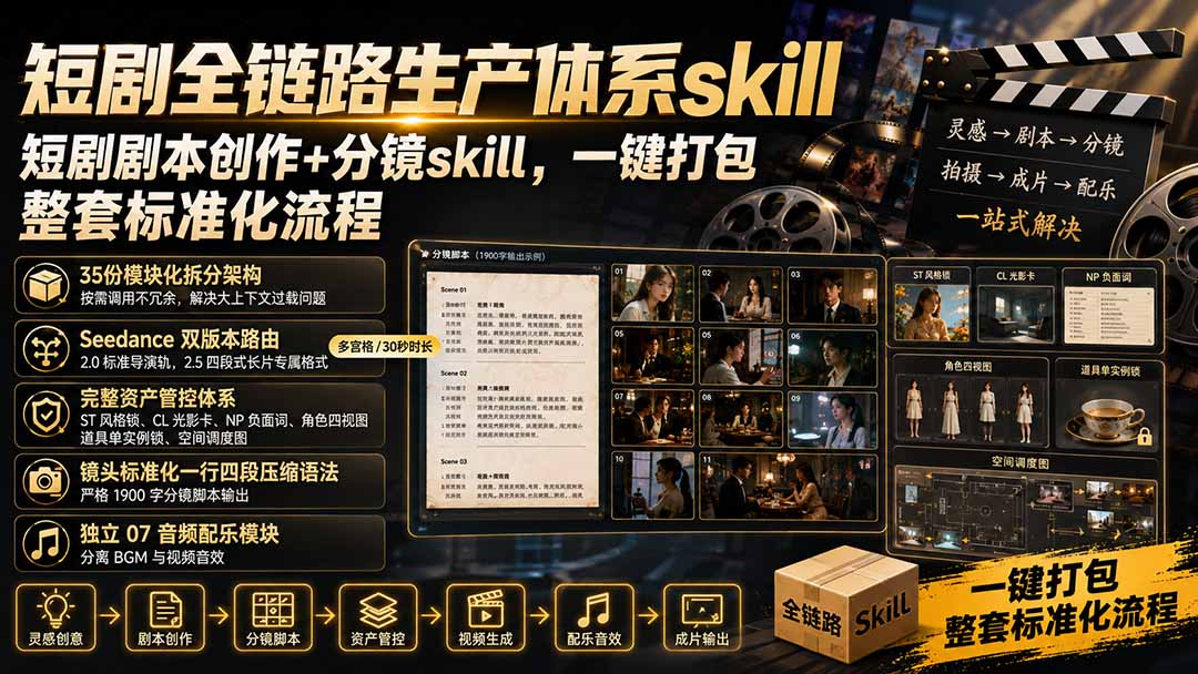 短剧全链路生产体系skill，短剧剧本创作+分镜skill，一键打包，整套标准化流程-御文网