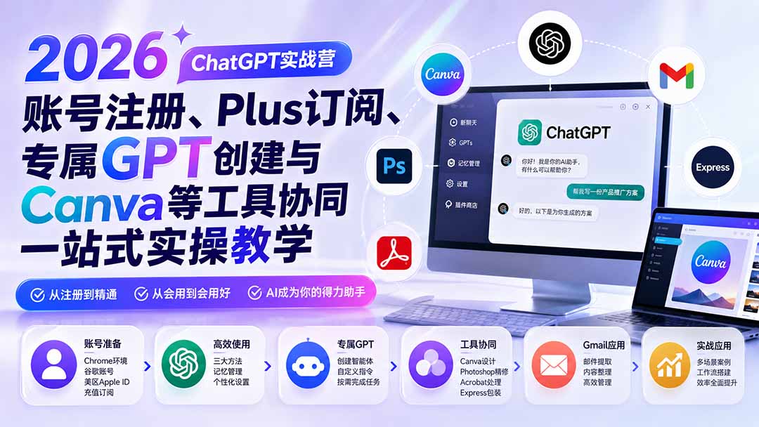 2026 ChatGPT实战营；账号注册、Plus订阅、专属GPT创建与Canva等工具协同一站式实操教学-御文网