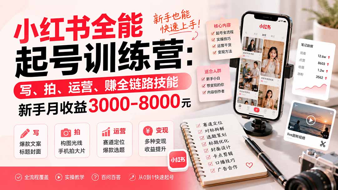 小红书全能起号训练营-更新:写、拍、运营、赚全链路技能,新手月收益3000-8000元-御文网