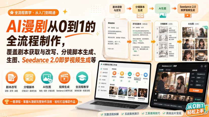 AI漫剧从0到1的全流程制作，覆盖剧本获取与改写、分镜脚本生成、角色场景生图与三视图、Seedance 2.0即梦视频生成(PDF版)-御文网