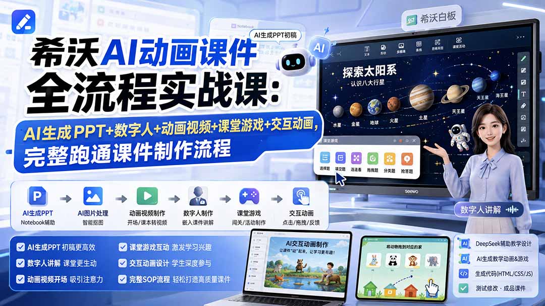 希沃AI动画课件全流程实战课：AI生成PPT+数字人+动画视频+课堂游戏+交互动画，完整跑通课件制作流程-御文网