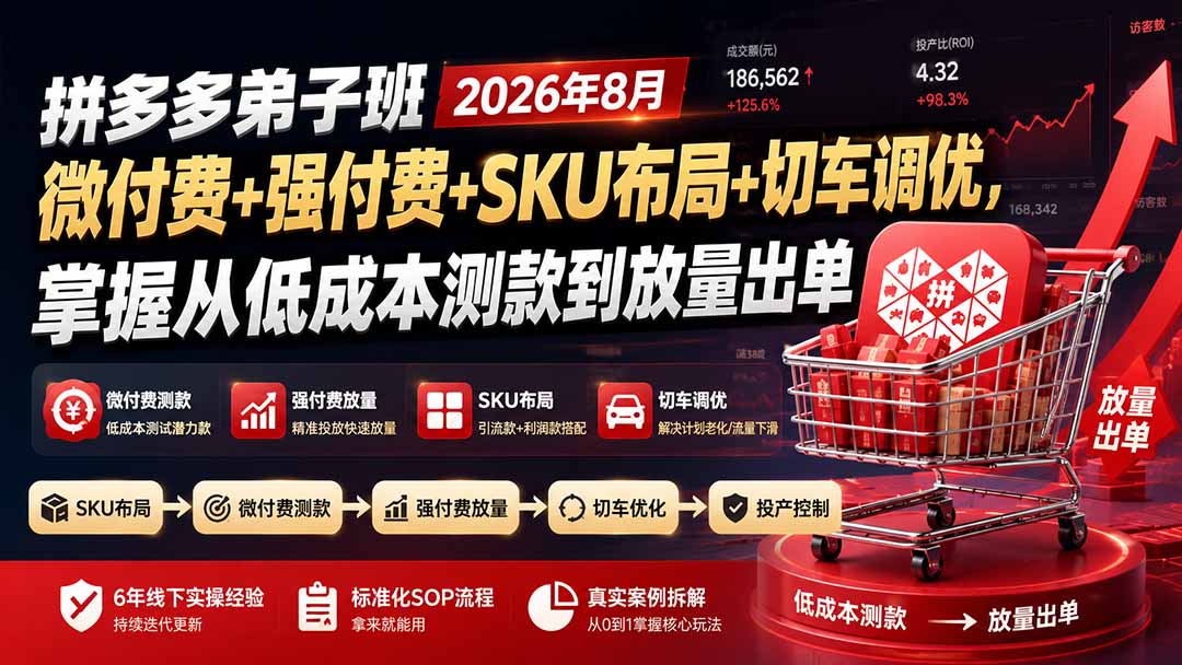 拼多多弟子班2026年8月：微付费+强付费+SKU布局+切车调优，掌握从低成本测款到放量出单-御文网