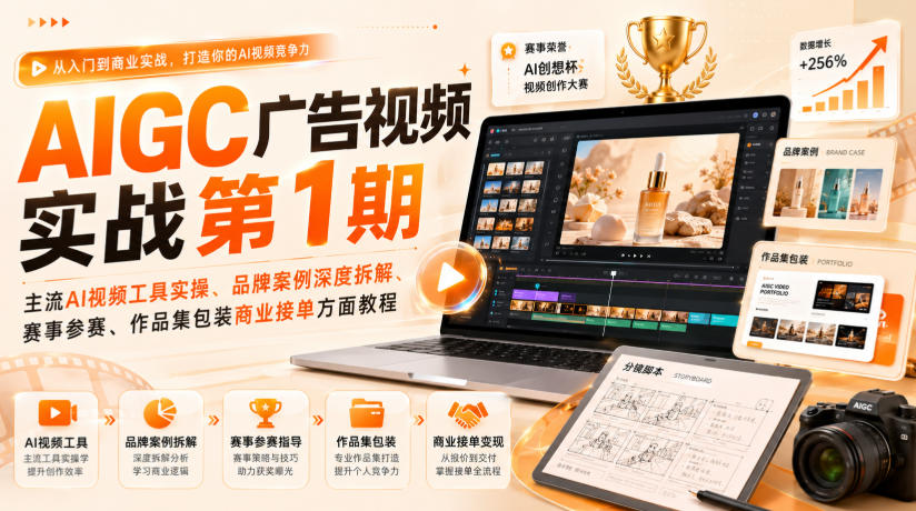 AIGC广告视频实战第1期，主流AI视频工具实操、品牌案例深度拆解、赛事参赛、作品集包装商业接单方面教程-御文网