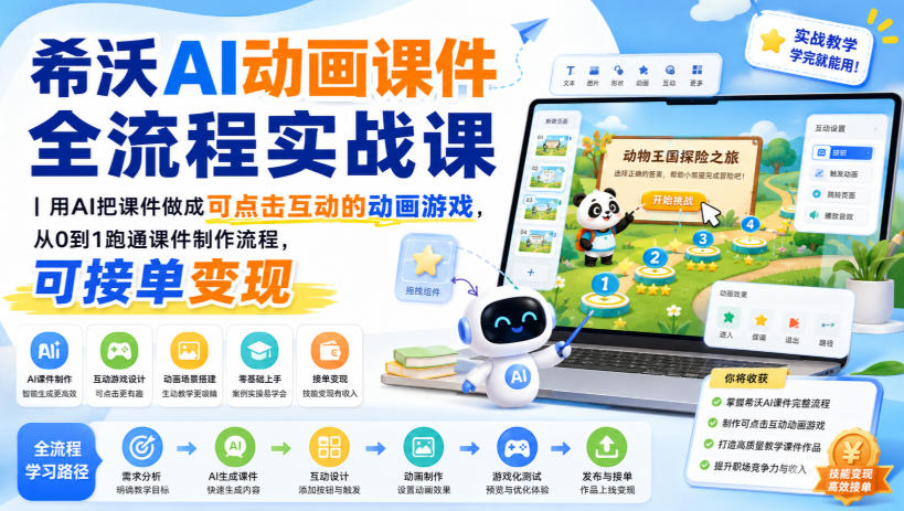 希沃AI动画课件全流程实战课|用AI把课件做成可点击互动的动画游戏,从0到1跑通课件制作流程,可接单变现-御文网